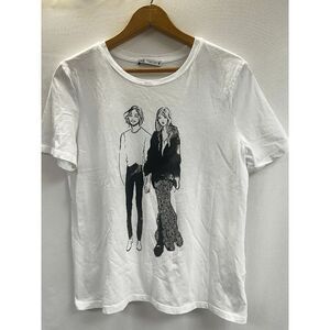 Zara Womens Pullover Crew neck Graphic Basic Tshirt White 100% Cotton Size S